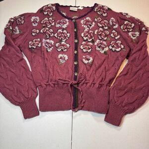 Vintage 100% Wool Madeleine Cardigan Sweater M Floral Embroidered Cable Knit